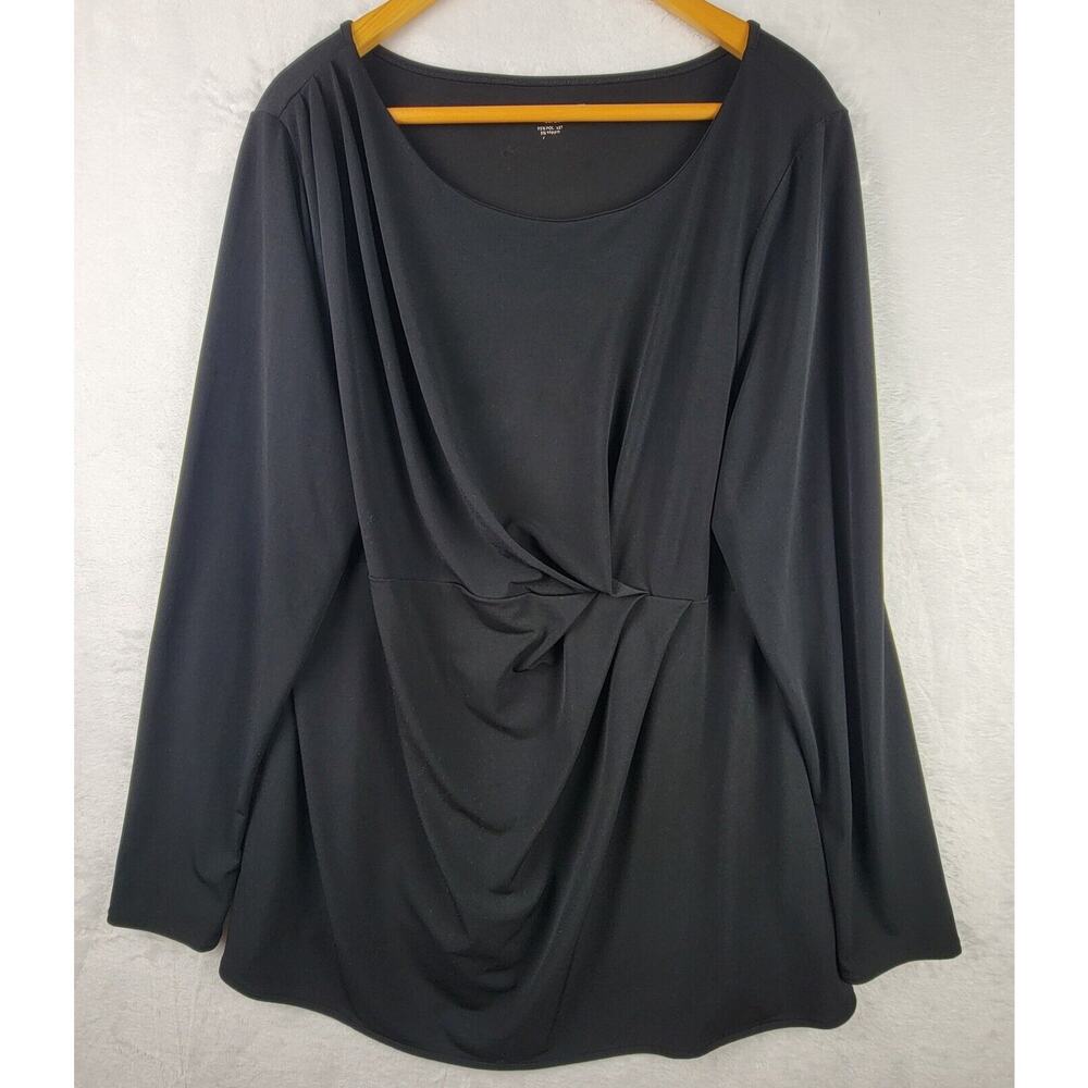 Lane Bryant Knit Top Size 18 20 Long Sleeve Pleated Detail Pullover Black Tunic